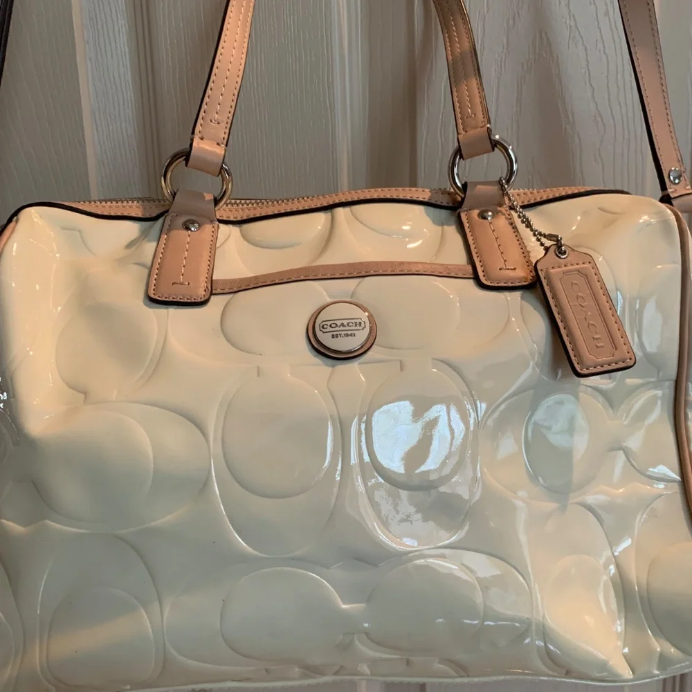 Coach Cream Patent Satchel with Tan Trim